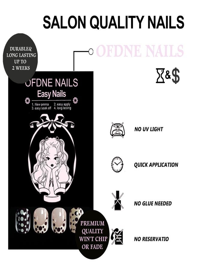OFDNE French Tip Press on Nails Medium Almond OFDNE Fake Nails Fall False Nails with Polka Dots Designs Full Cover Glossy Glue on Nail Autumn Acrylic Nails for Women Girls 24Pcs - Image 2