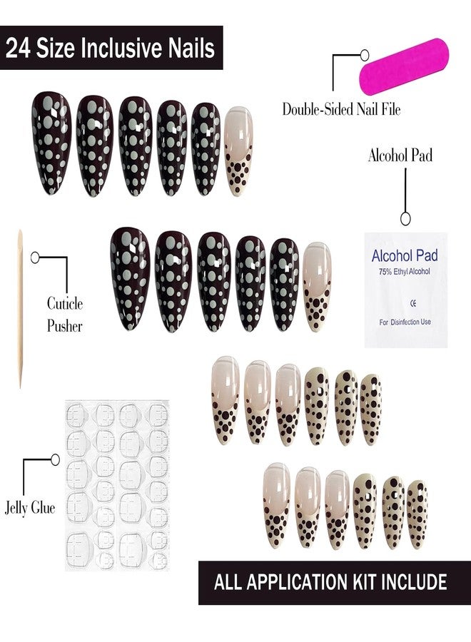 OFDNE French Tip Press on Nails Medium Almond OFDNE Fake Nails Fall False Nails with Polka Dots Designs Full Cover Glossy Glue on Nail Autumn Acrylic Nails for Women Girls 24Pcs - Image 3