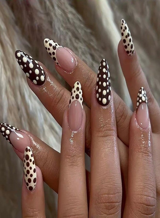 OFDNE French Tip Press on Nails Medium Almond OFDNE Fake Nails Fall False Nails with Polka Dots Designs Full Cover Glossy Glue on Nail Autumn Acrylic Nails for Women Girls 24Pcs - Image 1