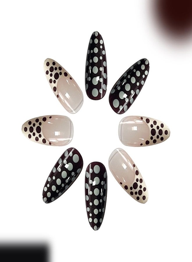 OFDNE French Tip Press on Nails Medium Almond OFDNE Fake Nails Fall False Nails with Polka Dots Designs Full Cover Glossy Glue on Nail Autumn Acrylic Nails for Women Girls 24Pcs - Image 4