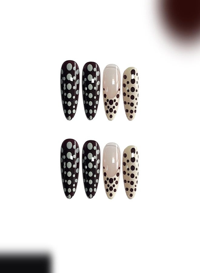 OFDNE French Tip Press on Nails Medium Almond OFDNE Fake Nails Fall False Nails with Polka Dots Designs Full Cover Glossy Glue on Nail Autumn Acrylic Nails for Women Girls 24Pcs - Image 5
