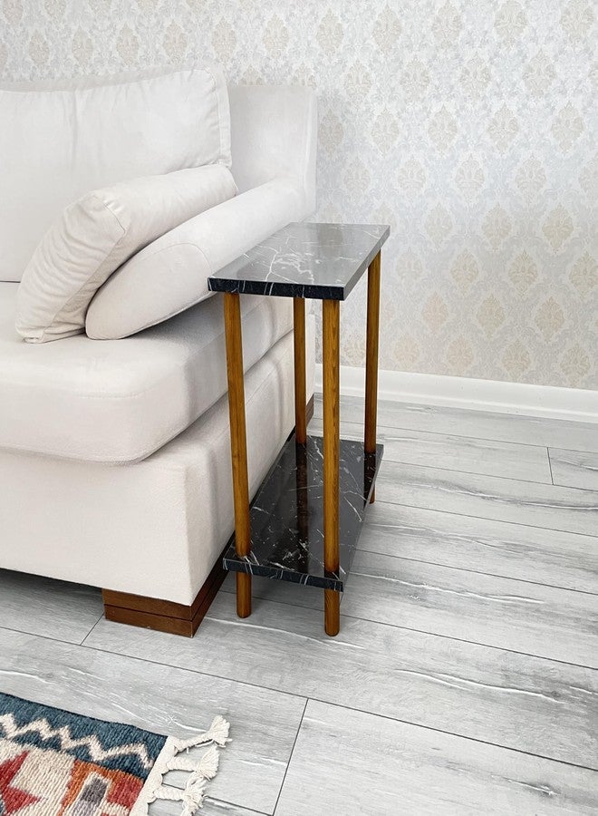 Furpinea Narrow Small Places Faux Marble Top Modern Side Table for Couch Living Room, Slim Minimalist End Table 2 Tier with Open Shelf Nightstand for Bedrooms, Snack Tray, TV Manual (Black Marble, Wide, 10") - Image 3