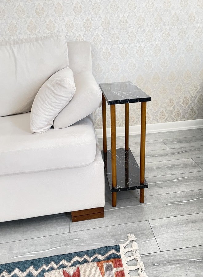 Furpinea Narrow Small Places Faux Marble Top Modern Side Table for Couch Living Room, Slim Minimalist End Table 2 Tier with Open Shelf Nightstand for Bedrooms, Snack Tray, TV Manual (Black Marble, Wide, 10") - Image 5
