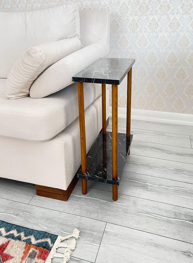Furpinea Narrow Small Places Faux Marble Top Modern Side Table for Couch Living Room, Slim Minimalist End Table 2 Tier with Open Shelf Nightstand for Bedrooms, Snack Tray, TV Manual (Black Marble, Wide, 10") - Image 1