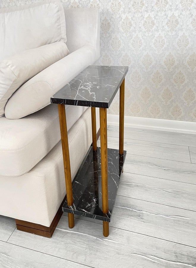 Furpinea Narrow Small Places Faux Marble Top Modern Side Table for Couch Living Room, Slim Minimalist End Table 2 Tier with Open Shelf Nightstand for Bedrooms, Snack Tray, TV Manual (Black Marble, Wide, 10") - Image 2
