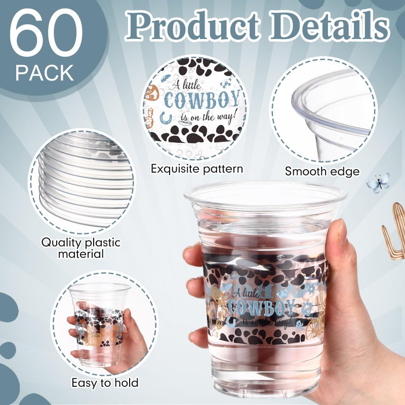 Funnymoom 60 Pcs Cowboy Baby Shower Plastic Cups 16 oz Western Cowboy Party Cup Clear Disposable Western a Little Cowboy Is on the Way Party Cups for Cowboy Baby Shower Birthday Party Supplies - Image 2