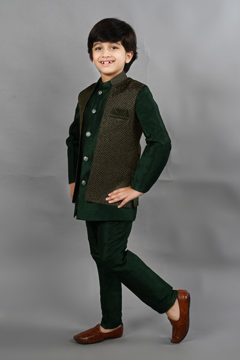 AHHAAAA Kids Ethnic Silk Blend Waistcoat Kurta Pyjama 3 Piece Sherwani Set For Boys |Green 8-9 Years, 540| - Image 4