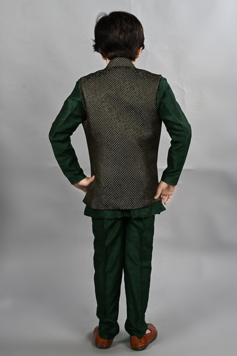 AHHAAAA Kids Ethnic Silk Blend Waistcoat Kurta Pyjama 3 Piece Sherwani Set For Boys |Green 8-9 Years, 540| - Image 3