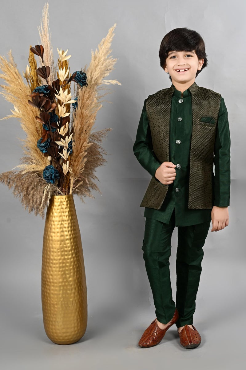 AHHAAAA Kids Ethnic Silk Blend Waistcoat Kurta Pyjama 3 Piece Sherwani Set For Boys |Green 8-9 Years, 540| - Image 2