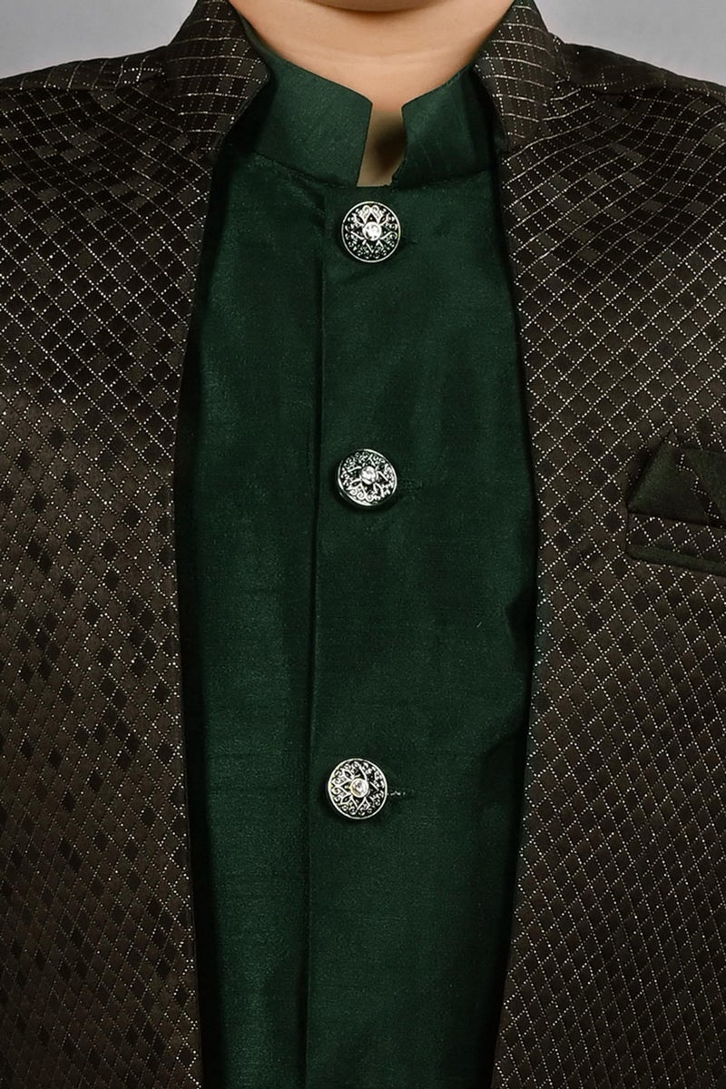 AHHAAAA Kids Ethnic Silk Blend Waistcoat Kurta Pyjama 3 Piece Sherwani Set For Boys |Green 8-9 Years, 540| - Image 5