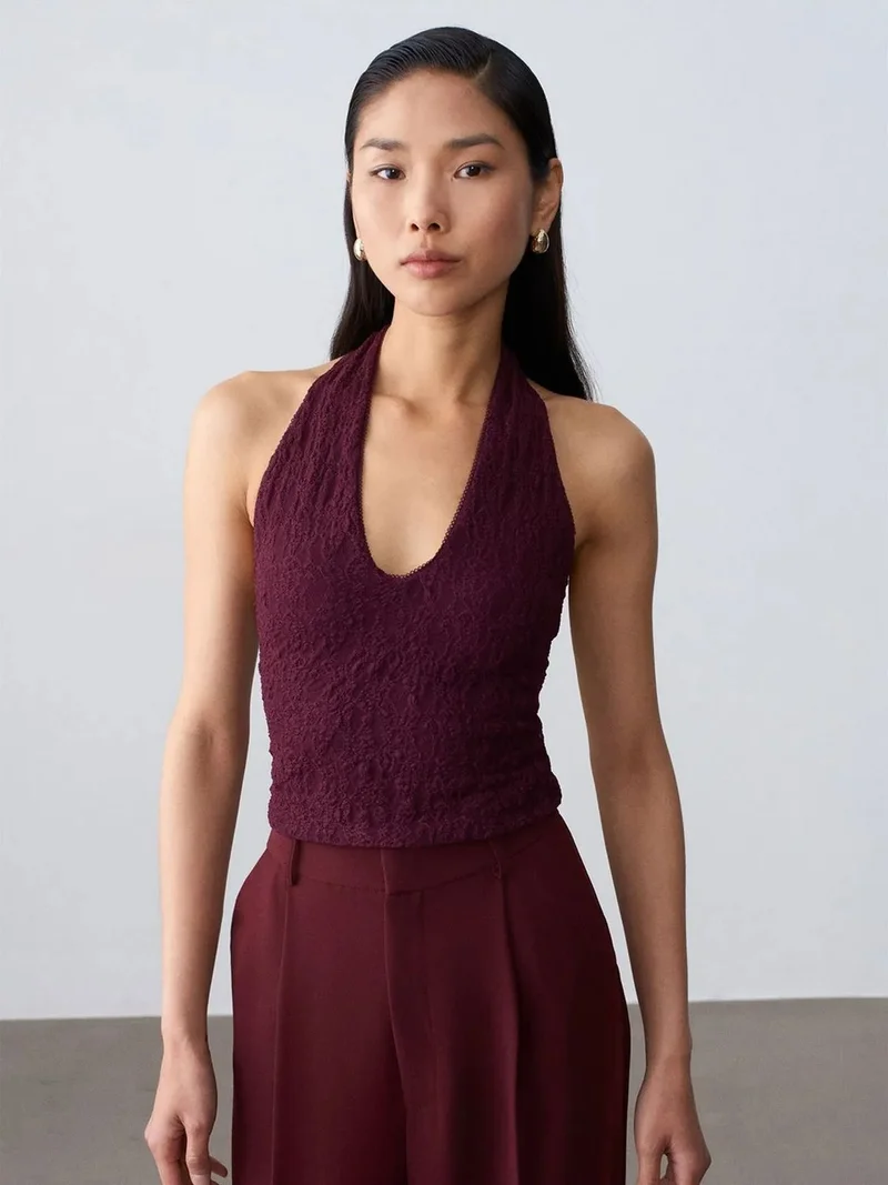ديلفين DILVIN Women’s Lace Halterneck Crop Blouse