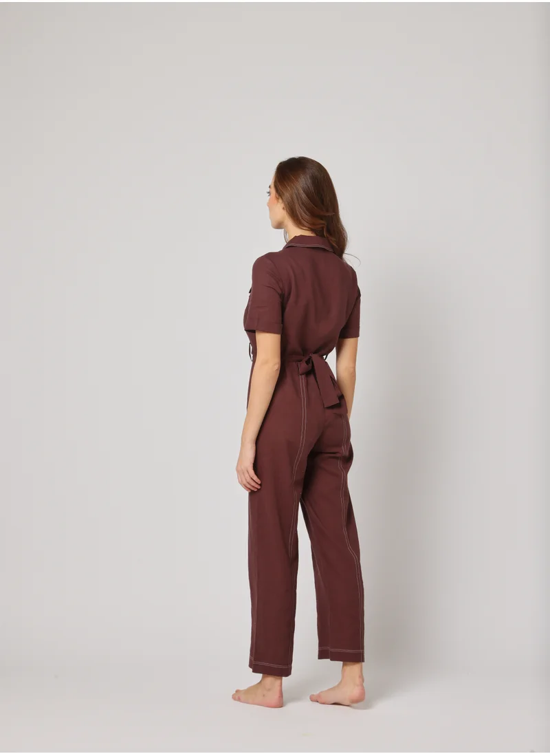 أشيتا فرنانديز Ashita Fernandes Noor – Espresso Brown Linen Jumpsuit with Tailored Collar, Utility Pockets & Adjustable Waist