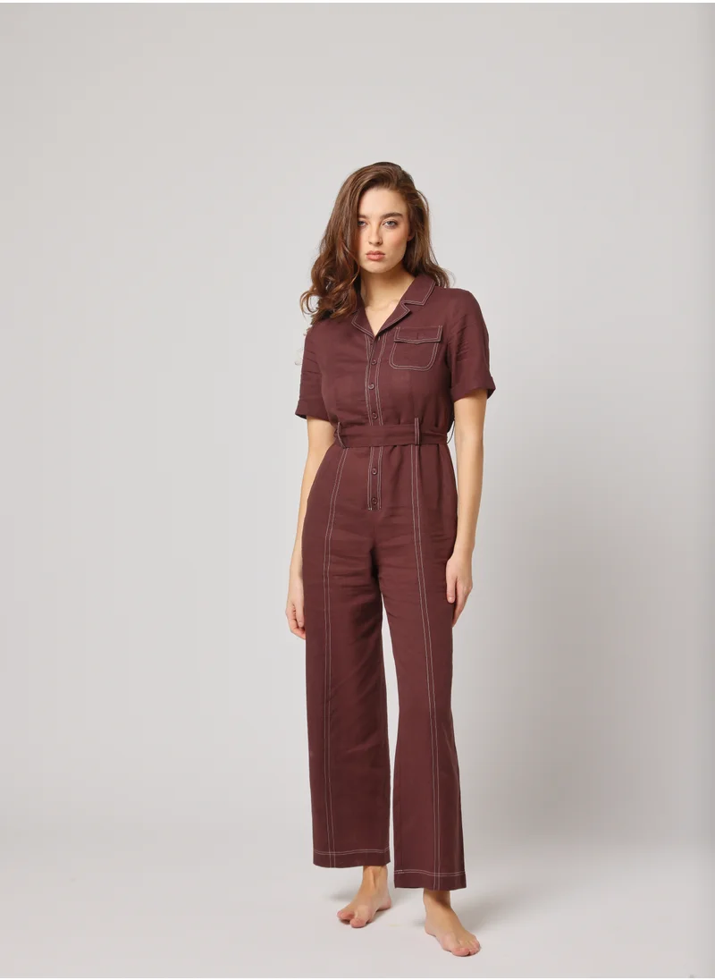 أشيتا فرنانديز Ashita Fernandes Noor – Espresso Brown Linen Jumpsuit with Tailored Collar, Utility Pockets & Adjustable Waist