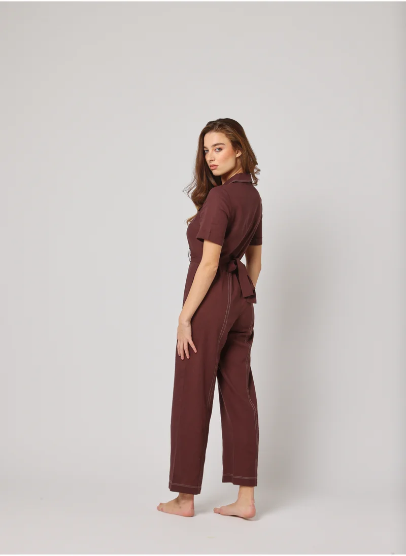 Ashita Fernandes Ashita Fernandes Noor Jumpsuit for – Espresso Brown Linen Women's Jumpsuit with Tailored Collar, Utility Pockets & Adjustable Waist Women
