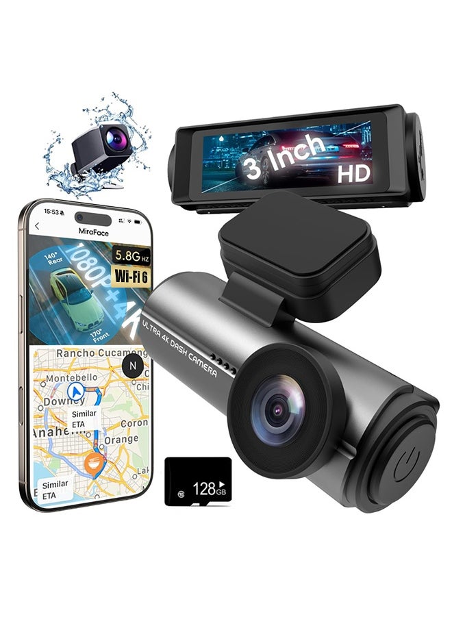 Digisand Dash Cam Front Rear for Car, 4K/1080P Full HD, Wi-Fi & App, Fre128GB Card, Night Vision, Built-in GPS,170°Wide Angle,WDR داش كام  - Image 1