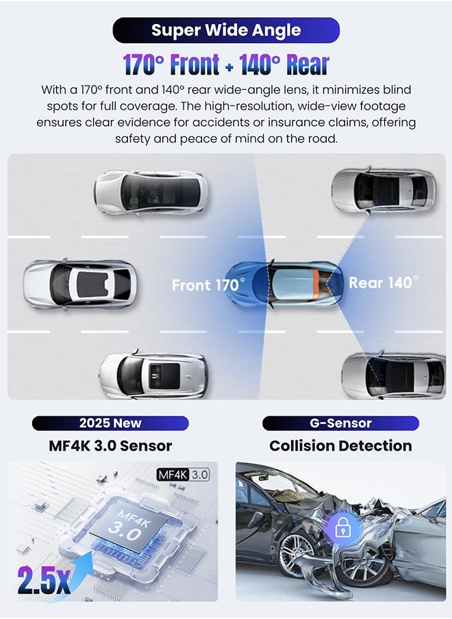 Digisand Dash Cam Front Rear for Car, 4K/1080P Full HD, Wi-Fi & App, Fre128GB Card, Night Vision, Built-in GPS,170°Wide Angle,WDR داش كام  - Image 3