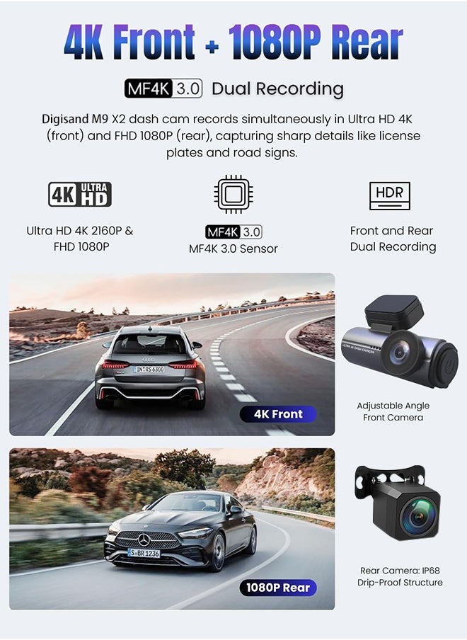 Digisand Dash Cam Front Rear for Car, 4K/1080P Full HD, Wi-Fi & App, Fre128GB Card, Night Vision, Built-in GPS,170°Wide Angle,WDR داش كام  - Image 2