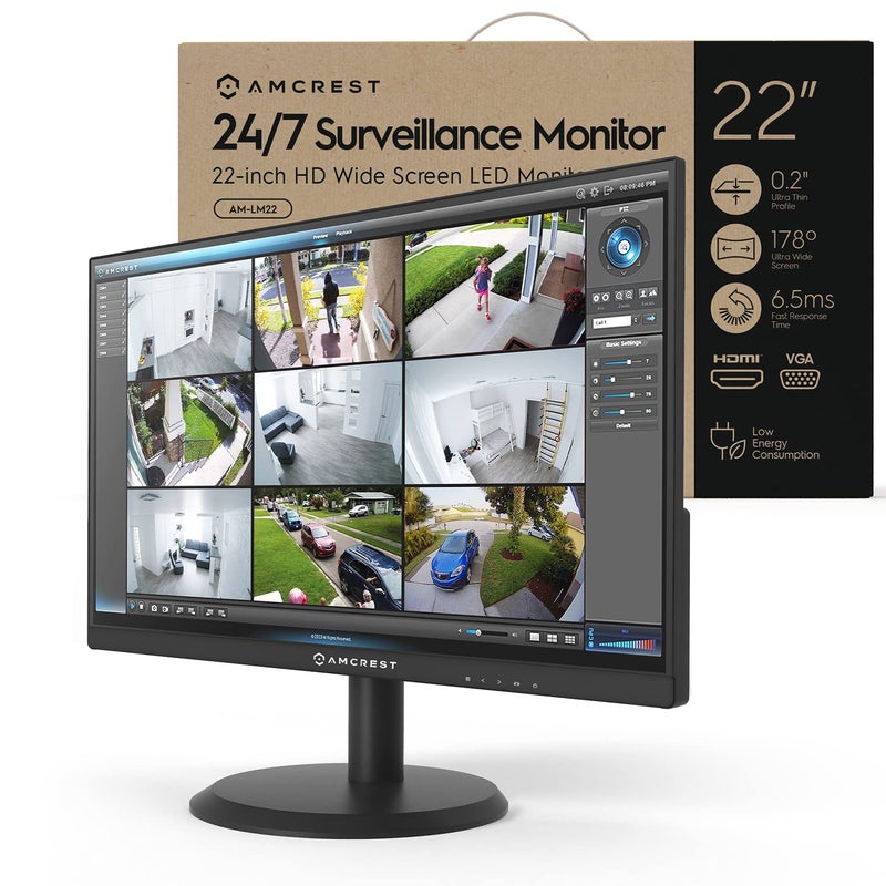 AMCREST شاشة مراقبة فيديو أمكريست 24/7، 22 بوصة، شاشة كمبيوتر NVR/DVR، 1080p FHD 60Hz مع HDMI VGA، تصميم حافة دقيقة، W-LED لمكتب المنزل، شاشة، مكبرات صوت مزدوجة مدمجة، AM-LM22 - Image 1