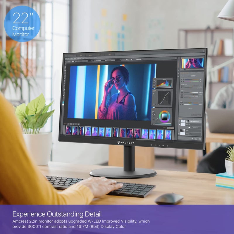 AMCREST شاشة مراقبة فيديو أمكريست 24/7، 22 بوصة، شاشة كمبيوتر NVR/DVR، 1080p FHD 60Hz مع HDMI VGA، تصميم حافة دقيقة، W-LED لمكتب المنزل، شاشة، مكبرات صوت مزدوجة مدمجة، AM-LM22 - Image 3