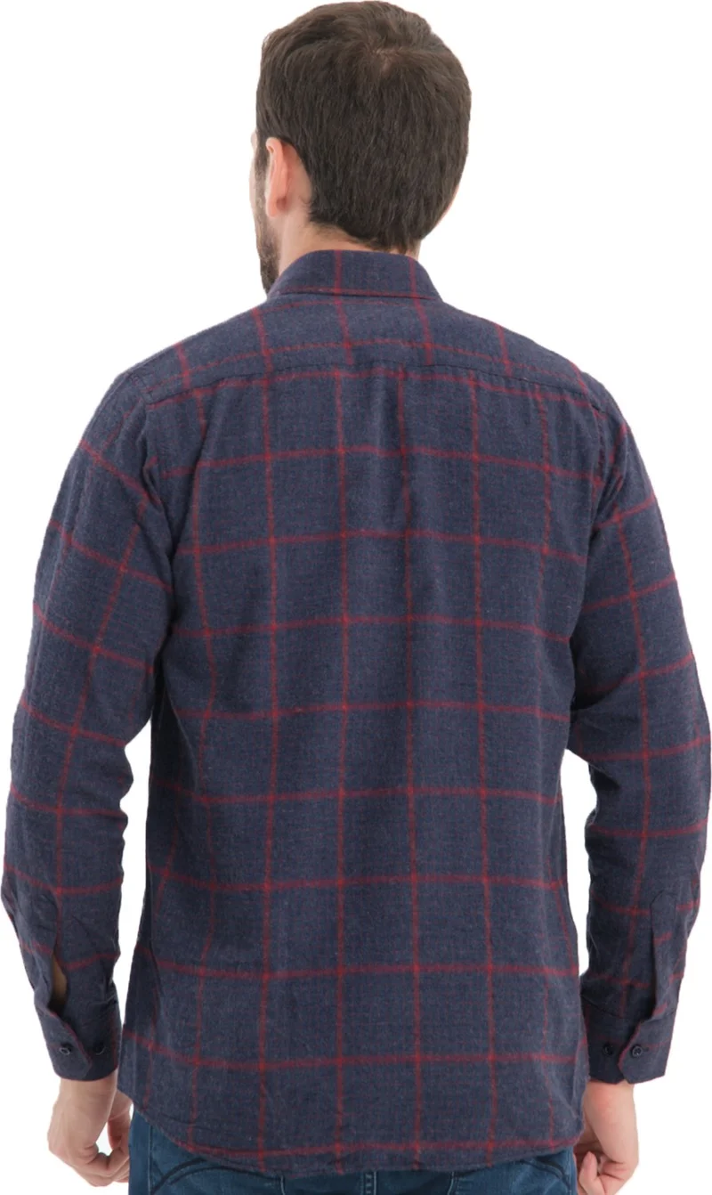 فاريتا Men's Navy Blue Checkered Winter Original Wool Pocket Wide Cut Shirt