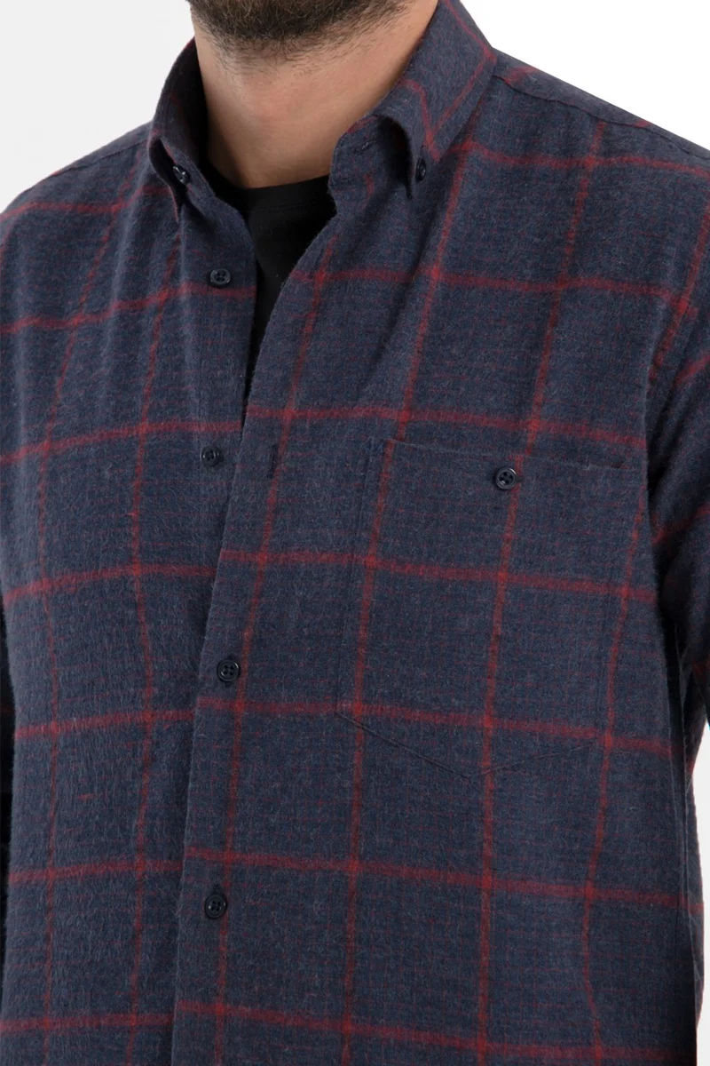 فاريتا Men's Navy Blue Checkered Winter Original Wool Pocket Wide Cut Shirt