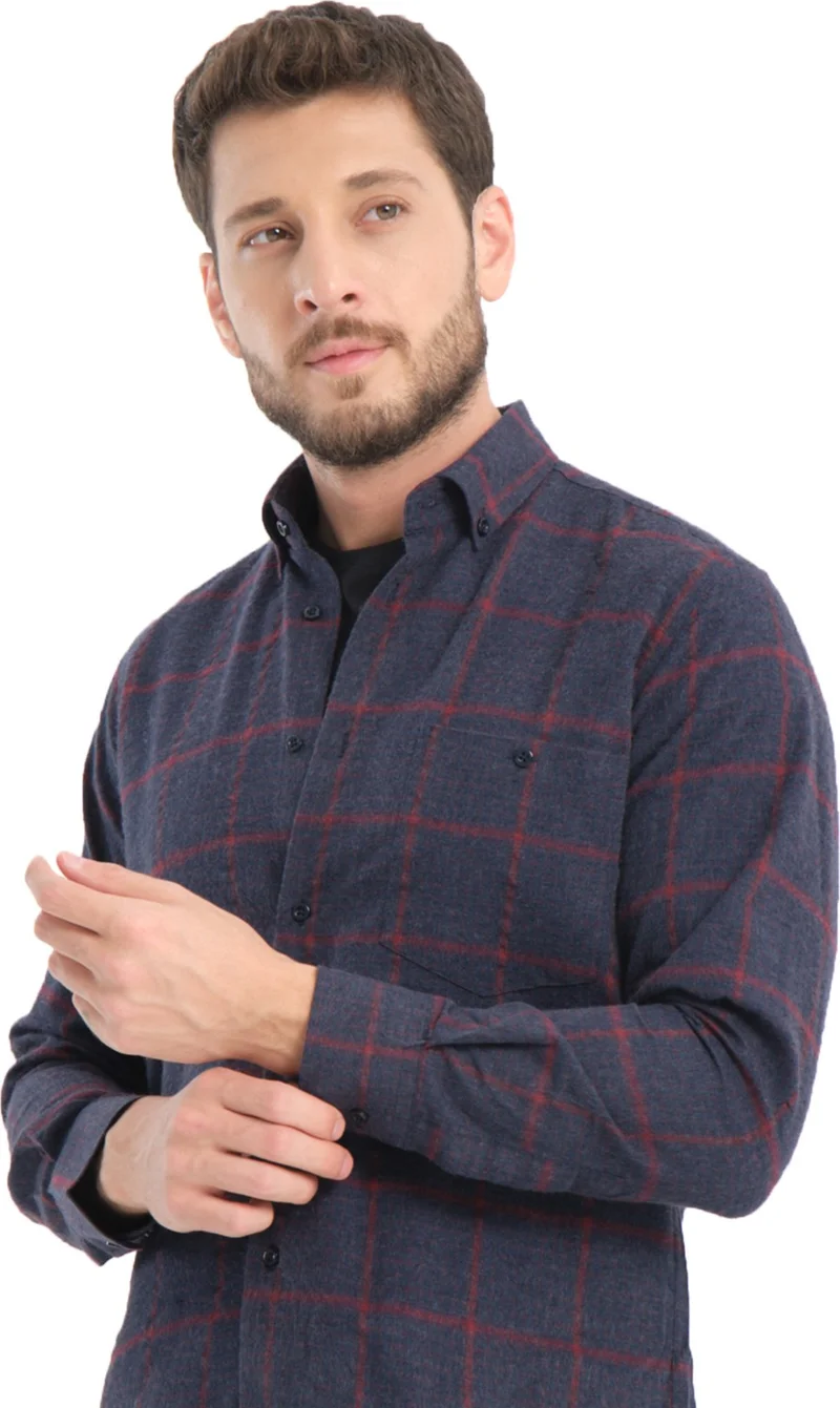 فاريتا Men's Navy Blue Checkered Winter Original Wool Pocket Wide Cut Shirt