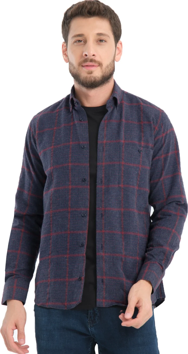 فاريتا Men's Navy Blue Checkered Winter Original Wool Pocket Wide Cut Shirt