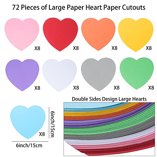 MixTeach 72 Pcs Heart Cutouts - 6 Inch Heart Shaped Cards - Assorted Color for Valentine's Day Craft, Kids Love & Peace School Projects - Image 2