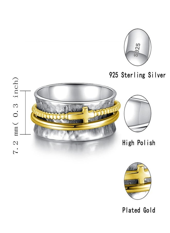Sariel Cross Anxiety Ring for Women - 925 Sterling Silver Spinner Rings Anti Stress Fidget Rings Band Wide Hammered (Gold, 7) - Image 5