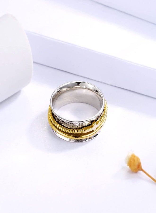 Sariel Cross Anxiety Ring for Women - 925 Sterling Silver Spinner Rings Anti Stress Fidget Rings Band Wide Hammered (Gold, 7) - Image 4