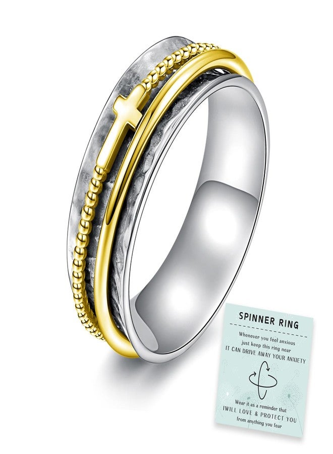Sariel Cross Anxiety Ring for Women - 925 Sterling Silver Spinner Rings Anti Stress Fidget Rings Band Wide Hammered (Gold, 7) - Image 1