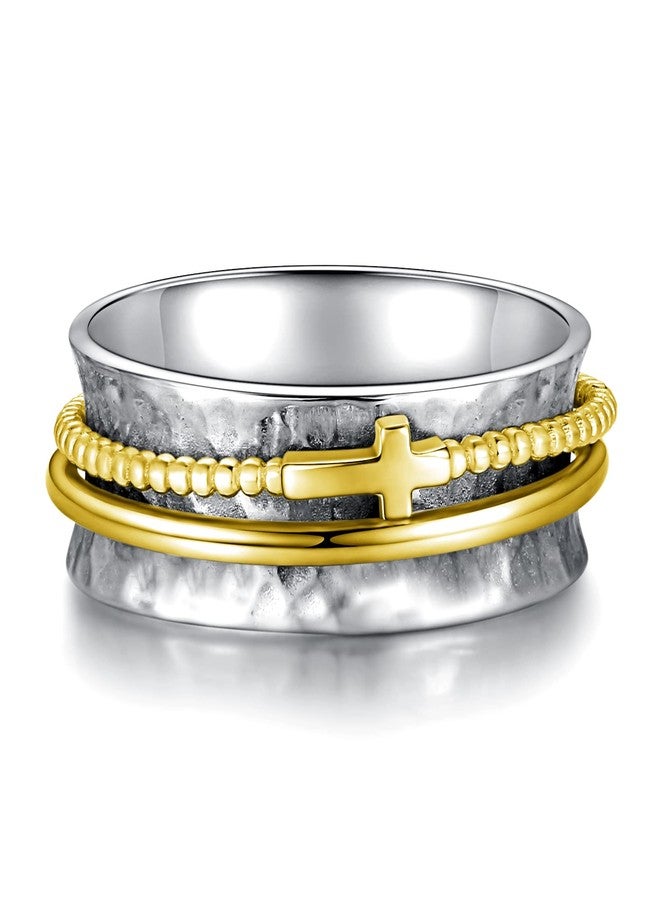 Sariel Cross Anxiety Ring for Women - 925 Sterling Silver Spinner Rings Anti Stress Fidget Rings Band Wide Hammered (Gold, 7) - Image 2