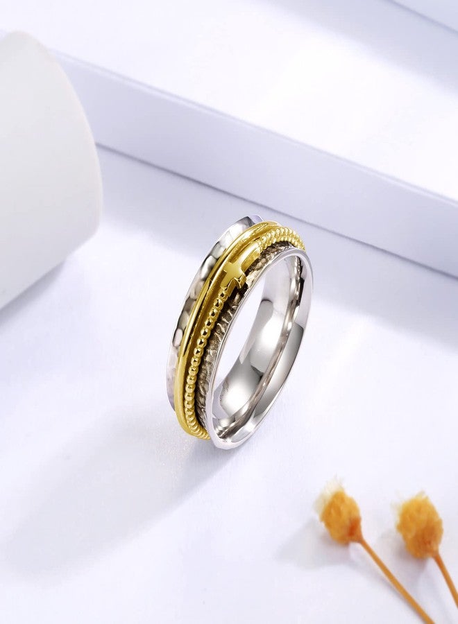Sariel Cross Anxiety Ring for Women - 925 Sterling Silver Spinner Rings Anti Stress Fidget Rings Band Wide Hammered (Gold, 7) - Image 3