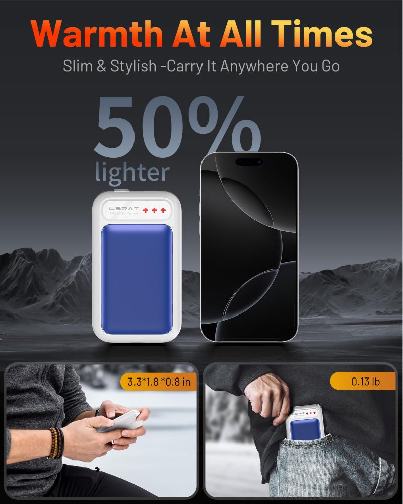 Lerat Hand Warmers Rechargeable 2 Pack  Electric Hand Warmers  Fast Heating  Portable Pocket Heater  2 In 1 Quick Charge Hand Warmer For Outdoor Indoor  Warmer Gift For Women Men  Golf  Camping -Blue - Image 2