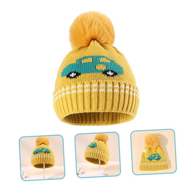 Cartoon Baby Knit Winter Hat With Plush Pom Pom Warm Ear Warmer Beanie For Boys And Girls Yellow - Image 3