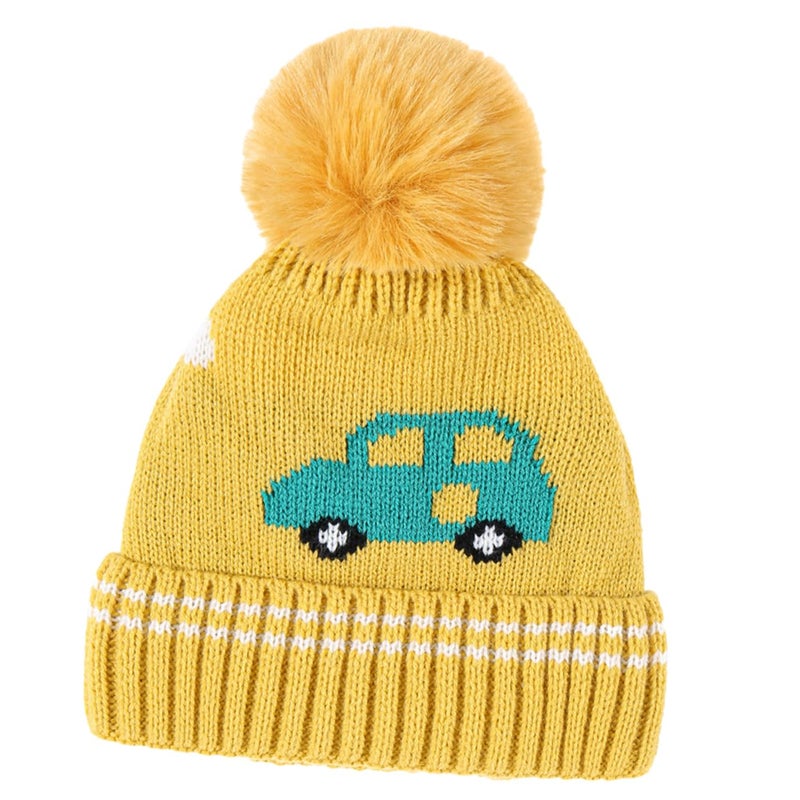 Cartoon Baby Knit Winter Hat With Plush Pom Pom Warm Ear Warmer Beanie For Boys And Girls Yellow - Image 2