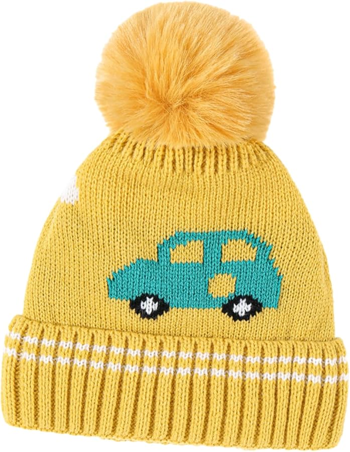 Cartoon Baby Knit Winter Hat With Plush Pom Pom Warm Ear Warmer Beanie For Boys And Girls Yellow - Image 1
