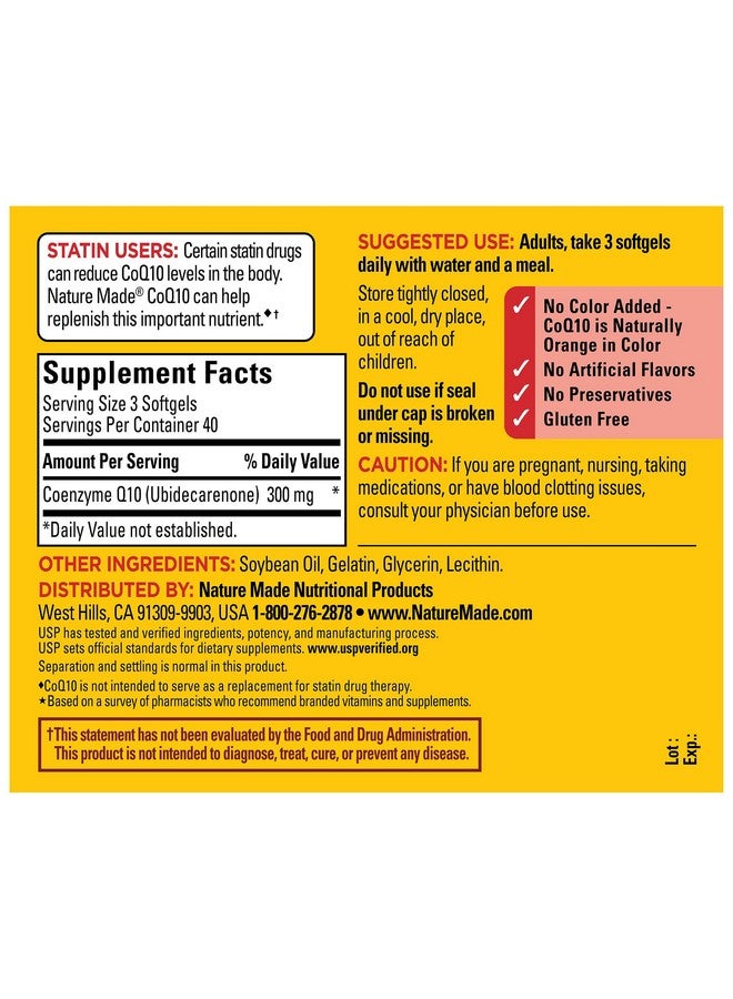 Nature Made CoQ10 300mg per 3 Softgels, Heart Health & Antioxidant Support, 120 Softgels, 40 Day Supply - Image 5