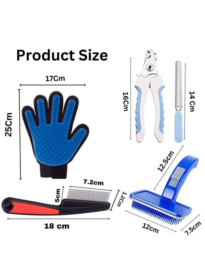 Pet Grooming Combo 4-Piece Kit For Dogs And Cats - Nail Clipper, Self-Cleaning Slicker, Massaging Glove, Stainless Steel Flea Comb - Image 2