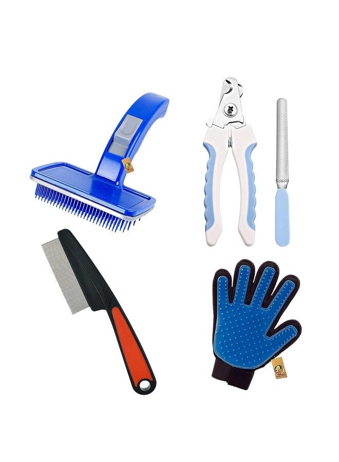 Pet Grooming Combo 4-Piece Kit For Dogs And Cats - Nail Clipper, Self-Cleaning Slicker, Massaging Glove, Stainless Steel Flea Comb - Image 1