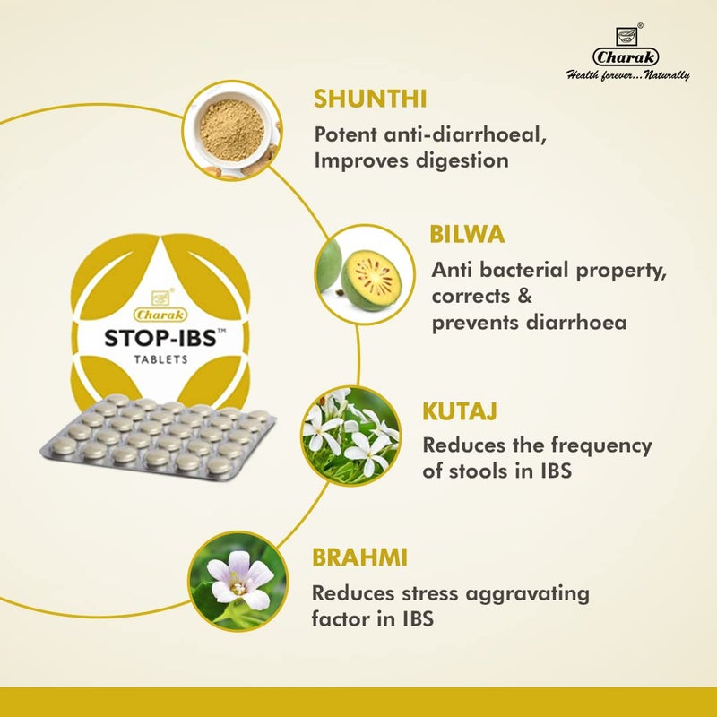 Charak Pharma Stop-IBS Tablet for Relief in Irritable Bowel Syndrome & Relieves Abdominal Gases | Healing Herbs Sunthi, Bilva & Musta (30 tablets) - Image 4