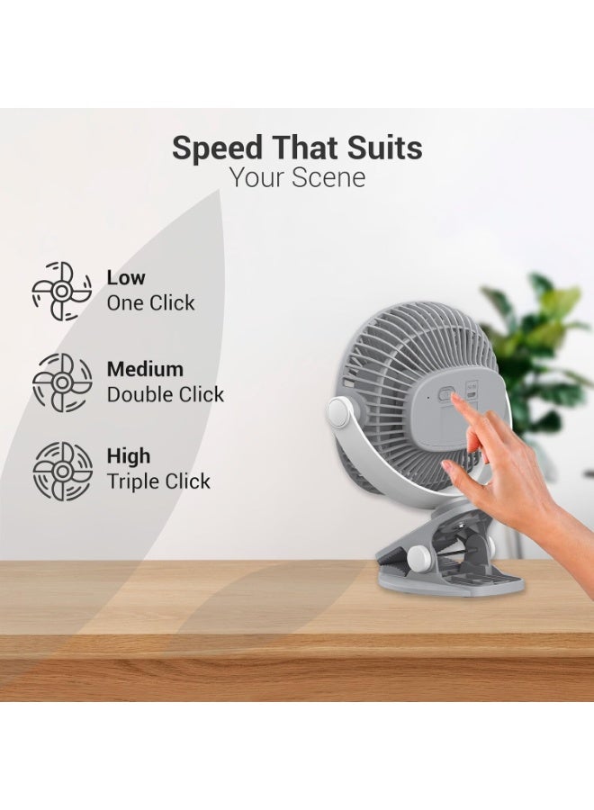 Dylect® Briza Clip Mate Rechargeable Fan | 2000mAh Battery | 8H Runtime | TruSilent BLDC Motor | 3-Speed | 360° Rotation | MICRO-B | Clip & Wall-Mount Fan | Home/Office/Travel | Steel Grey - Image 3