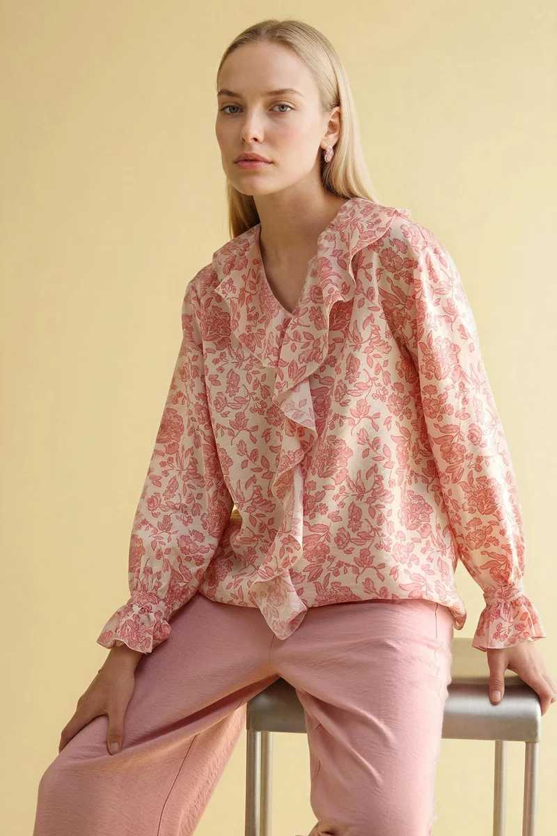ديفاكتو Regular Fit V-Neck Printed Long Sleeve Blouse
