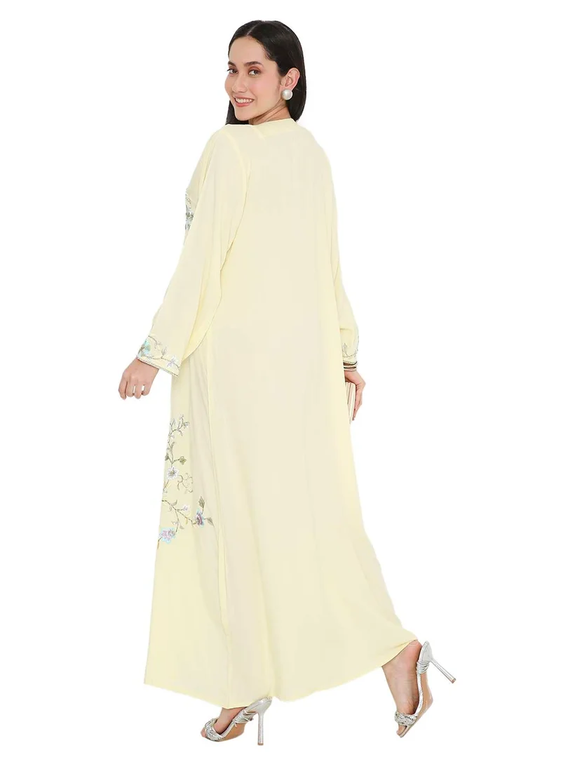 HANA & SARA LIGHT YELLOW COLOUR LONG VISCOSE WITH MULTICOLOUR EMBROIDERED MODEST ARABIC KAFTAN JALABIYA DRESSES