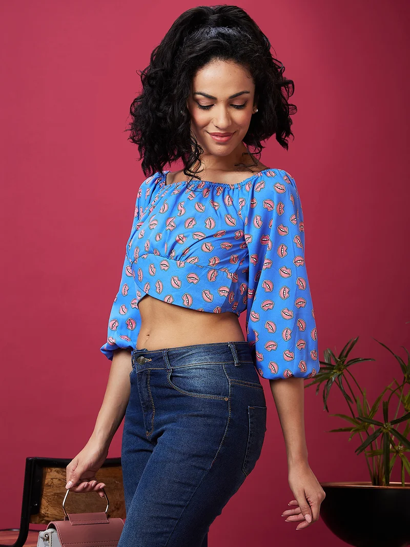 globus Women Blue Conversational Printed Puff Sleeves Regular Crop Top