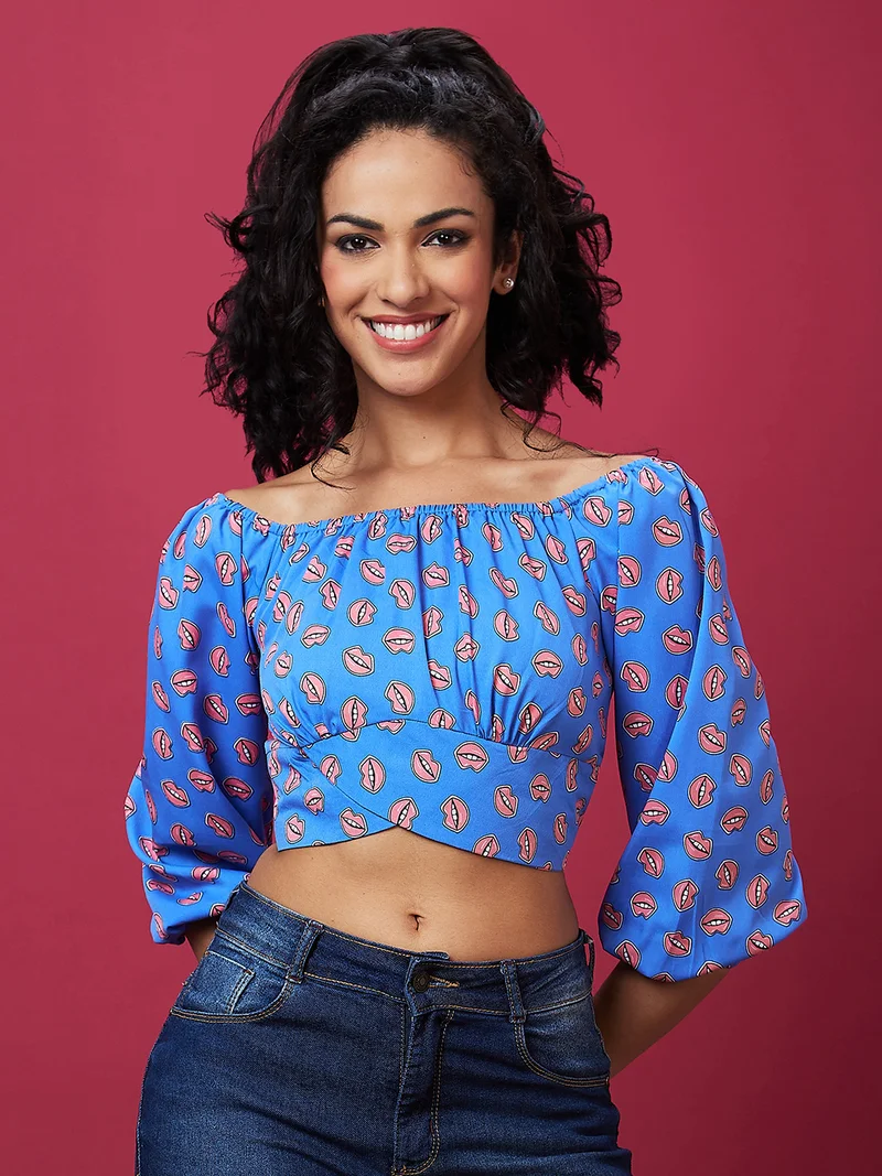 globus Women Blue Conversational Printed Puff Sleeves Regular Crop Top