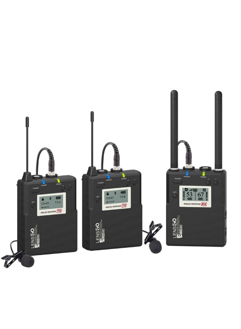 LENSGO LWM-338C Metal 99-Channel Professional Omnidirectional Wireless Lavalier Microphone System UHF Dual Transmitter and 1 Receiver Wireless Lav Lapel Mic for Camera DSLR Smartphone Video Recording