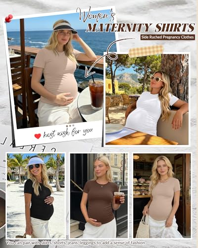 Huukeay 4 Pack Womens Maternity Shirts Crew Neck Maternity Top Short Sleeve Casual Cotton Tee Side Ruched Pregnancy ClothesBlack Khaki Coffee WhiteXLarge - Image 3