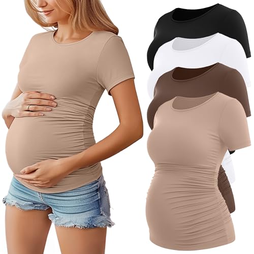 Huukeay 4 Pack Womens Maternity Shirts Crew Neck Maternity Top Short Sleeve Casual Cotton Tee Side Ruched Pregnancy ClothesBlack Khaki Coffee WhiteXLarge - Image 1