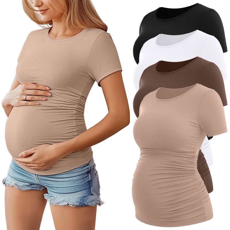 Huukeay 4 Pack Womens Maternity Shirts Crew Neck Maternity Top Short Sleeve Casual Cotton Tee Side Ruched Pregnancy ClothesBlack Khaki Coffee WhiteXLarge - Image 2